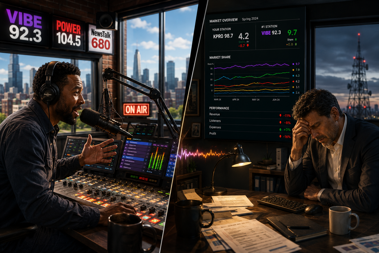 Airwave Empire gameplay collage showing ratings, station management, and radio broadcast scenes.